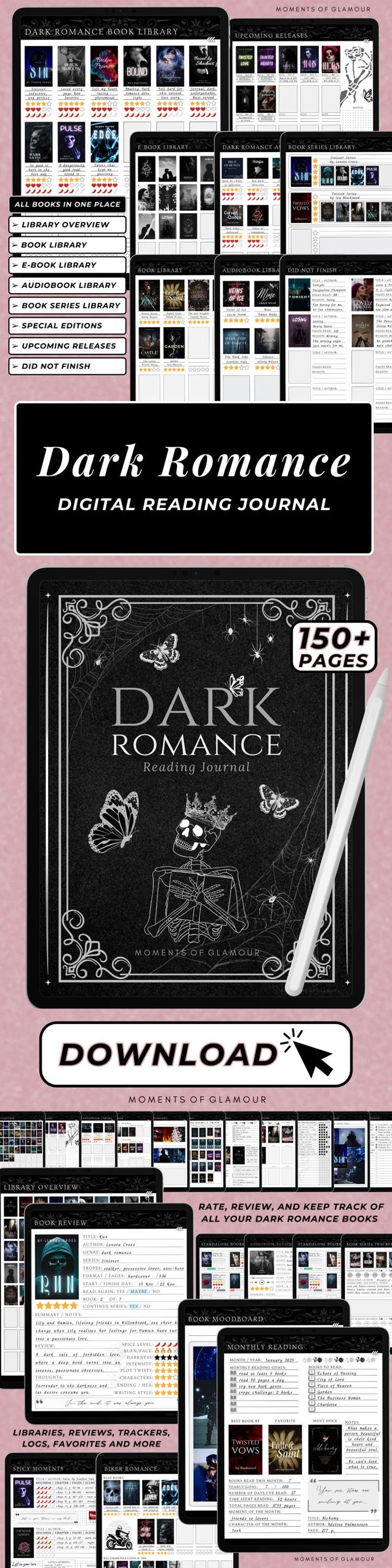 May include: A digital reading journal for dark romance books with over 150 pages. The journal includes sections for book libraries, reviews, trackers, logs, favorites, and more. The cover features a black and white illustration of a skeleton wearing a crown and reading a book.