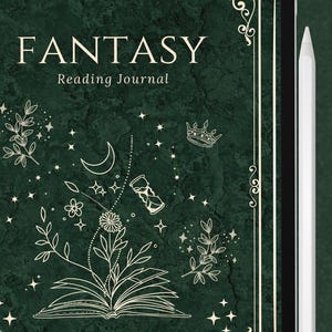 May include: A digital fantasy reading journal displayed on a tablet screen with a stylus. The dark green cover features gold line art of a book, stars, a crescent moon, a crown, and an hourglass. The interface includes book review templates.