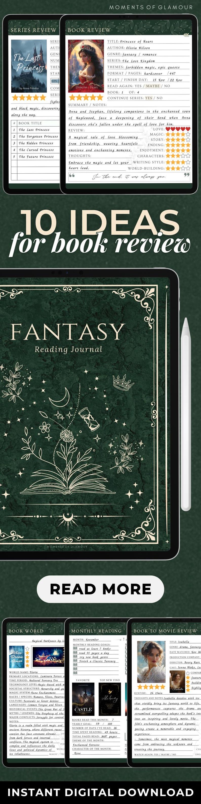 May include: A digital fantasy reading journal displayed on a tablet screen with a stylus. The dark green cover features gold line art of a book, stars, a crescent moon, a crown, and an hourglass. The interface includes book review templates.