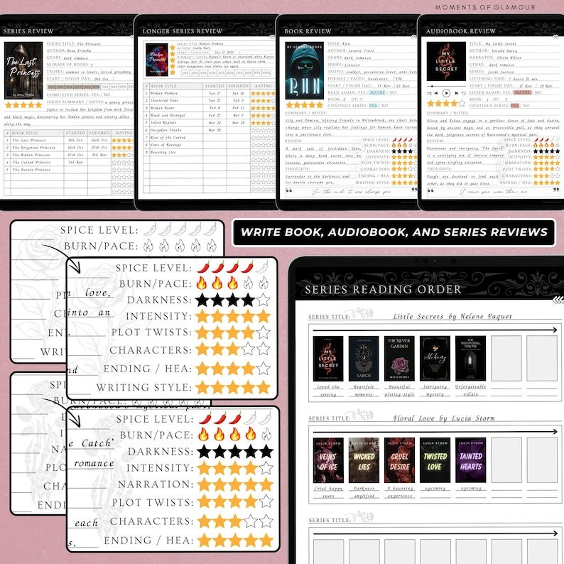 May include: A printable book, audiobook, and series review tracker with a black and white design. The tracker includes sections for rating books, audiobooks, and series. The tracker also includes a section for series reading order. The tracker is designed to help readers keep track of their reading progress and organize their reading lists.