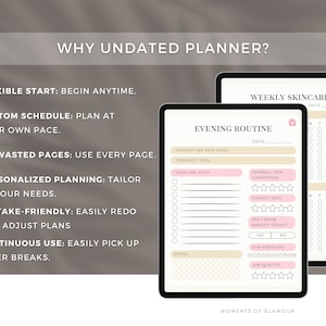 May include: A pink and beige printable planner with the text "Why Undated Planner?" and a list of reasons why undated planners are beneficial. The planner includes a weekly skincare routine and an evening routine section with space to track skin care steps, overall skin condition, diet, makeup, sun exposure, and air quality.