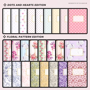 Op de afbeelding: Een verzameling van 24 digitale afdrukbare journal covers met verschillende patronen. De bovenste rij bevat stippen en harten in roze, wit en blauw. De onderste rij bevat bloemmotieven in roze, wit, groen en paars. De tekst "Dots and Hearts Edition" en "Floral Pattern Edition" is opgenomen in de afbeelding.