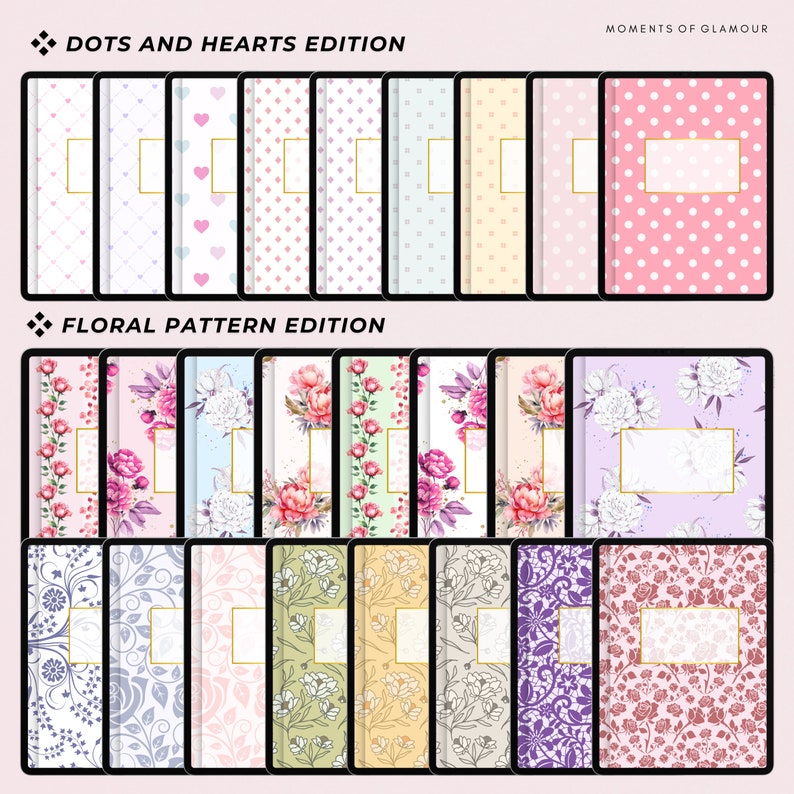Op de afbeelding: Een verzameling van 24 digitale afdrukbare journal covers met verschillende patronen. De bovenste rij bevat stippen en harten in roze, wit en blauw. De onderste rij bevat bloemmotieven in roze, wit, groen en paars. De tekst "Dots and Hearts Edition" en "Floral Pattern Edition" is opgenomen in de afbeelding.