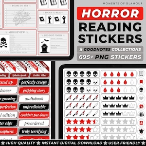 May include: Digital horror reading stickers for GoodNotes, featuring skulls, knives, crowns, and rating stars. Includes reading tracker templates and themed labels like "creepy" and "gripping story". Perfect for digital planning and book tracking.