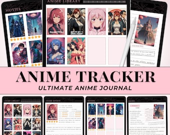 May include: A digital planner for tracking anime with a pink and black colour scheme. The planner includes sections for anime library, anime review, movies, and notes. The planner is compatible with Goodnotes, Notability, Xodo, and more. The text "ANIME TRACKER ULTIMATE ANIME JOURNAL" is displayed in large, bold letters.