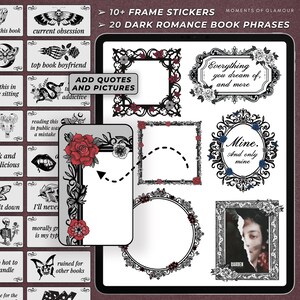 May include: A digital tablet screen displaying a collection of printable stickers featuring dark romance book quotes and decorative frames. The stickers are designed in black and white with red and blue accents. The text on the stickers includes quotes like "Everything you dream of, and more" and "Mine. And only mine".