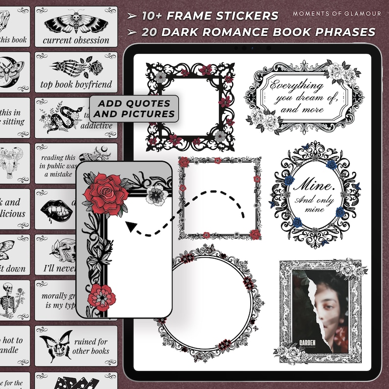 May include: A digital tablet screen displaying a collection of printable stickers featuring dark romance book quotes and decorative frames. The stickers are designed in black and white with red and blue accents. The text on the stickers includes quotes like "Everything you dream of, and more" and "Mine. And only mine".