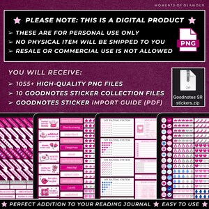 May include: A digital product for Goodnotes, a reading journal sticker collection with 1055+ high-quality PNG files. The stickers are pink, white, and gray with a variety of designs, including hearts, stars, crowns, and drops. The stickers are perfect for adding a personal touch to your reading journal.