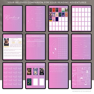 Puede incluir: Un planificador digital rosa y morado con un tema de lectura. El planificador incluye secciones para rese&ntilde;as de libros, registros de lectura, un desaf&iacute;o de lectura de 50 libros, estad&iacute;sticas de lectura, libro favorito del mes, libros para leer y una estanter&iacute;a.