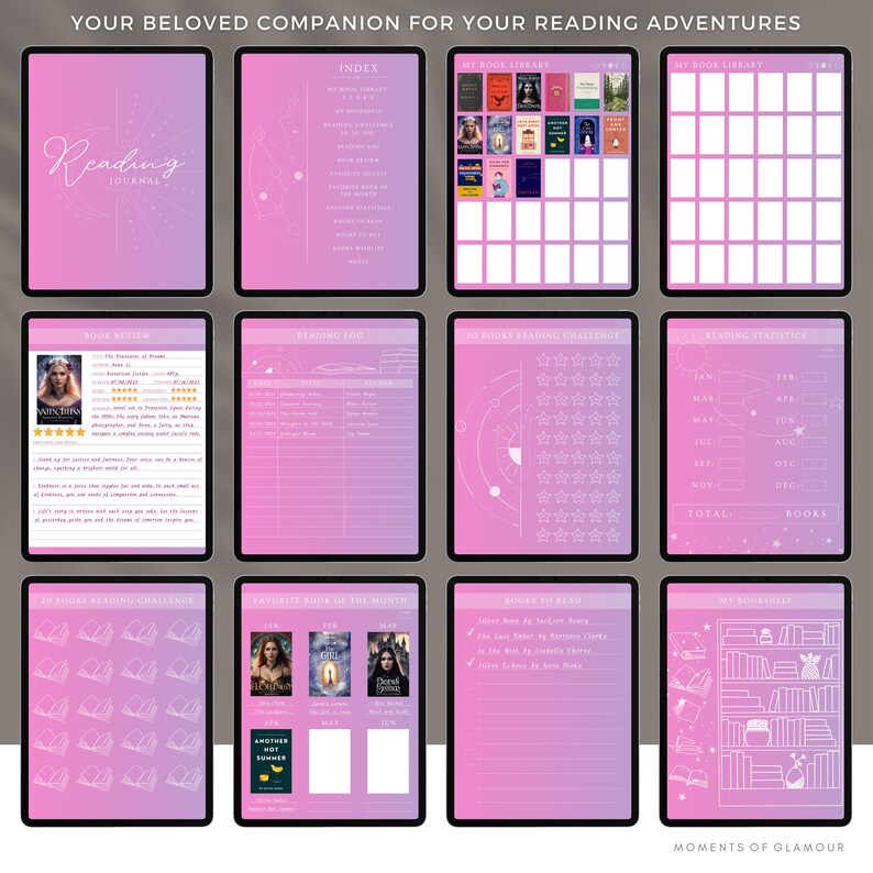 Puede incluir: Un planificador digital rosa y morado con un tema de lectura. El planificador incluye secciones para rese&ntilde;as de libros, registros de lectura, un desaf&iacute;o de lectura de 50 libros, estad&iacute;sticas de lectura, libro favorito del mes, libros para leer y una estanter&iacute;a.