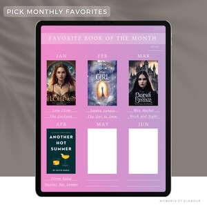 Puede incluir: Un planificador digital rosa y blanco con un dise&ntilde;o de cuadr&iacute;cula para llevar un registro de los libros favoritos del mes. El planificador incluye el t&iacute;tulo "Libro favorito del mes" y los meses del a&ntilde;o: enero, febrero, marzo, abril, mayo, junio. Cada mes tiene espacio para una portada de libro y un t&iacute;tulo.
