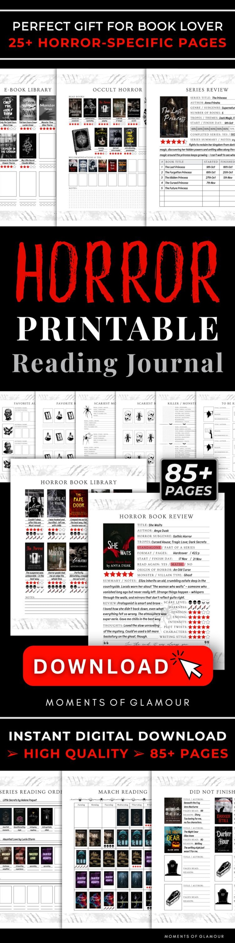 Puede incluir: Un diario de lectura imprimible con tem&aacute;tica de terror que contiene m&aacute;s de 85 p&aacute;ginas para registrar libros. El dise&ntilde;o incluye secciones para rese&ntilde;as, seguimiento de series y registros de lectura con gr&aacute;ficos en blanco y negro y estrellas.