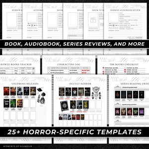 Puede incluir: Una colecci&oacute;n de p&aacute;ginas de planificador imprimibles para lectores de terror, con plantillas para rese&ntilde;as de libros, audiolibros y series, registro de personajes, lista de lectura, seguimiento de lanzamientos y listas de terror oculto en blanco y negro.