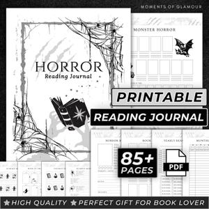 Może przedstawiać: Czarno-biały, drukowany dziennik czytelnika z tytułem "HORROR Reading Journal". Okładka przedstawia pajęczynę i otwartą książkę. Dziennik zawiera ponad 85 stron i tekst "PRINTABLE READING JOURNAL".