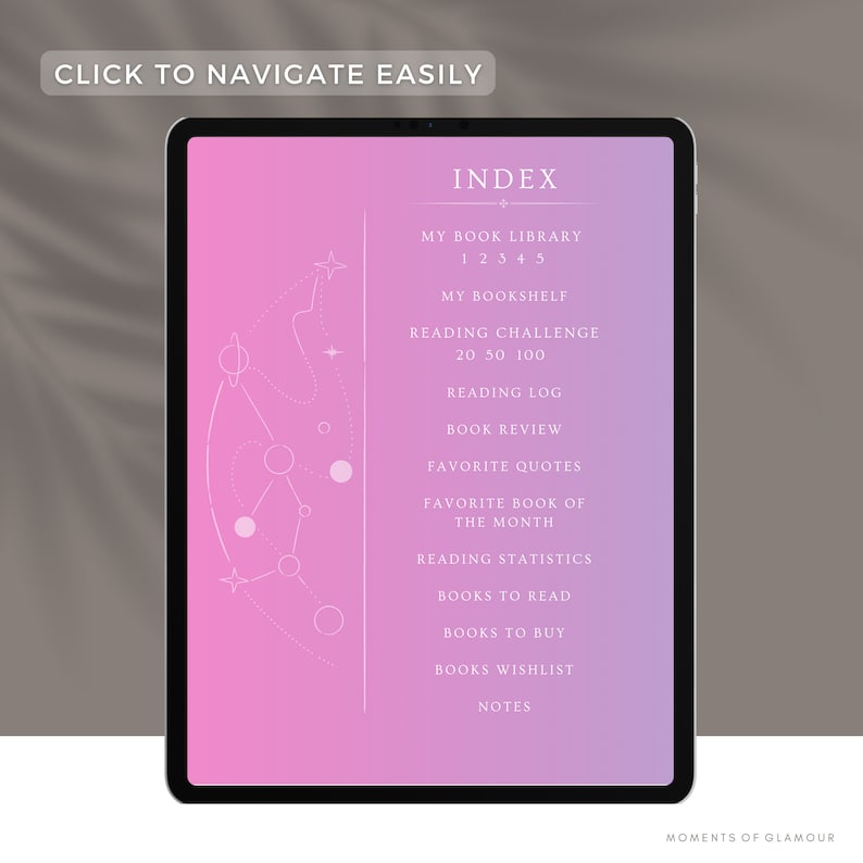 Puede incluir: Una pantalla de tableta digital rosa y morada con un contorno blanco de una constelaci&oacute;n y el texto "INDEX" en la parte superior. El texto debajo de "INDEX" incluye "MY BOOK LIBRARY", "MY BOOKSHELF", "READING CHALLENGE", "READING LOG", "BOOK REVIEW", "FAVORITE QUOTES", "FAVORITE BOOK OF THE MONTH", "READING STATISTICS", "BOOKS TO READ", "BOOKS TO BUY", "BOOKS WISHLIST" y "NOTES".