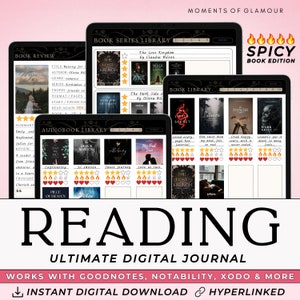 May include: A digital reading journal template with a black background and colorful accents. The template includes sections for book reviews, audiobook reviews, and book series tracking. The text "Reading Ultimate Digital Journal" is displayed in large white letters. The text "Works with Goodnotes, Notability, Xodo & More" is displayed in white letters. The text "Instant Digital Download Hyperlinked" is displayed in white letters.