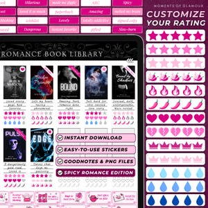 May include: A pink and white digital planner with a pink and white sticker sheet. The planner has a section for a romance book library with a list of books and ratings. The sticker sheet has stars, chili peppers, hearts, crowns, and water drops.