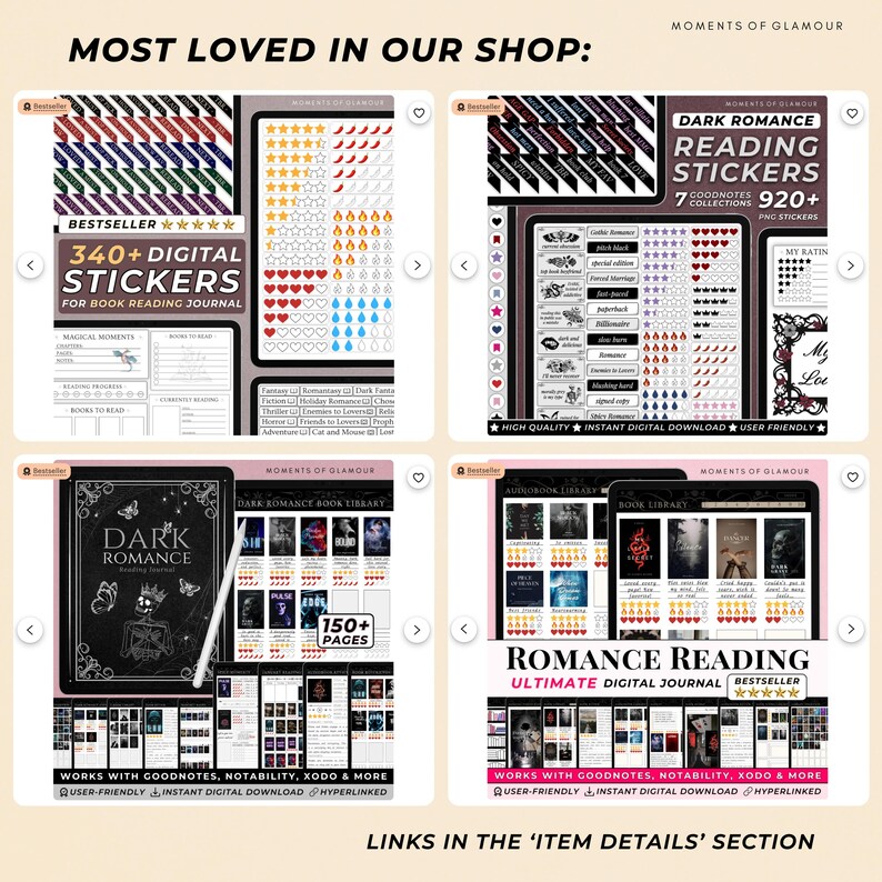 May include: A digital sticker collection for book reading journals featuring four panels displaying various rating icons, genre labels, and book library templates with text including Dark Romance Reading Stickers and Romance Reading Ultimate Digital Journal.