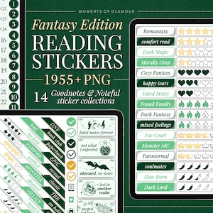 May include: A digital sticker set titled Fantasy Edition Reading Stickers 1955+ PNG featuring 14 Goodnotes and Noteful collections. The green-themed graphics include rating scales with stars, hearts, flames, crowns, and chili peppers for book reviews.