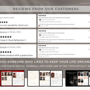 May include: Screenshots of customer reviews for digital journals. The reviews are positive and highlight the journals' usefulness and quality. The image also shows covers for three different digital journals: C-Drama, K-Drama, and Romance Book.