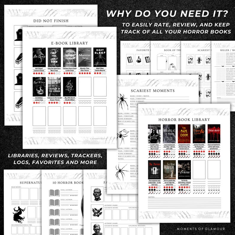 Puede incluir: Una colecci&oacute;n de p&aacute;ginas imprimibles para el seguimiento de libros de terror que incluyen secciones para bibliotecas de libros electr&oacute;nicos, momentos m&aacute;s aterradores y registros de lectura. Las hojas incluyen ilustraciones en blanco y negro de ara&ntilde;as, calaveras y ata&uacute;des, con encabezados como Why Do You Need It y Horror Book Library.