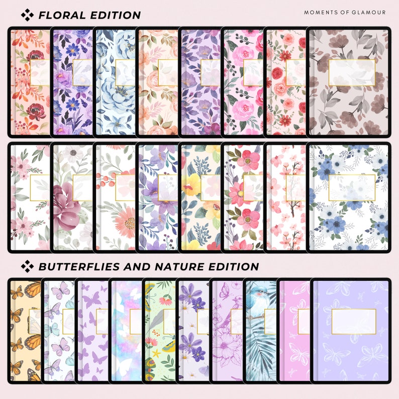 Op de afbeelding: Een set van 24 digitale printbare ontwerpen met bloemen- en vlinderpatronen. De ontwerpen zijn perfect voor het maken van planners, dagboeken en andere creatieve projecten. De ontwerpen zijn verkrijgbaar in zowel bloemen- als vlinderthema's.