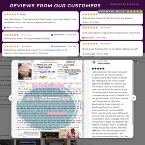 May include: A digital collage of customer reviews for a sticker set, featuring five-star ratings and written feedback. The central view displays a movie review journal page with handwritten notes, pastel-colored stickers, and a movie poster image.