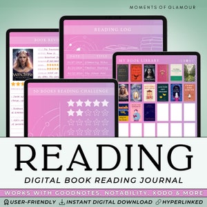 May include: A digital book reading journal with a pink and purple gradient background. The journal includes a reading log, a book library, and a 50 books reading challenge. The text "READING" is displayed in large, bold letters at the bottom of the image. The text "DIGITAL BOOK READING JOURNAL" is displayed below the word "READING". The text "WORKS WITH GOODNOTES, NOTABILITY, XODO & MORE" is displayed below the journal title. The text "USER-FRIENDLY INSTANT DIGITAL DOWNLOAD HYPERLINKED" is displayed at the bottom of the image.