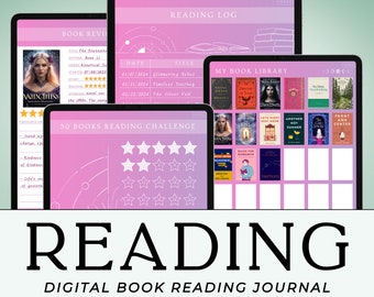 Puede incluir: Un diario de lectura digital para libros con un fondo degradado rosa y morado. El diario incluye un registro de lectura, una biblioteca de libros y un desafío de lectura de 50 libros. El texto "READING" se muestra en letras grandes y negritas en la parte inferior de la imagen. El texto "DIGITAL BOOK READING JOURNAL" se muestra debajo de la palabra "READING". El texto "WORKS WITH GOODNOTES, NOTABILITY, XODO & MORE" se muestra debajo del título del diario. El texto "USER-FRIENDLY INSTANT DIGITAL DOWNLOAD HYPERLINKED" se muestra en la parte inferior de la imagen.