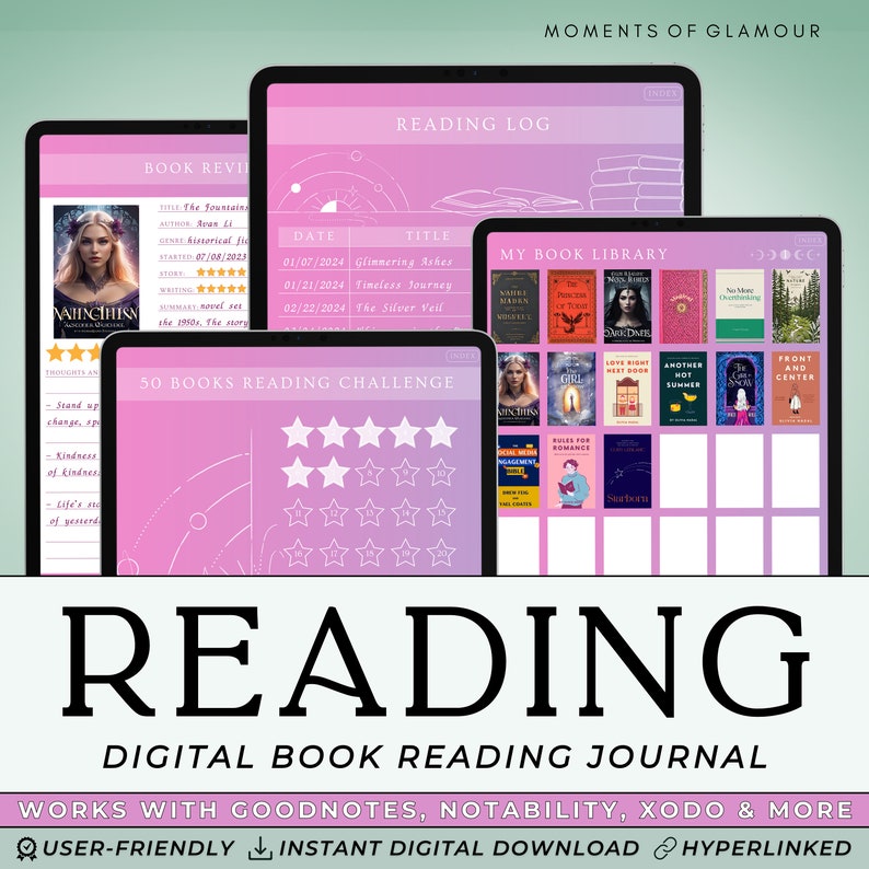 Puede incluir: Un diario de lectura digital para libros con un fondo degradado rosa y morado. El diario incluye un registro de lectura, una biblioteca de libros y un desaf&iacute;o de lectura de 50 libros. El texto "READING" se muestra en letras grandes y negritas en la parte inferior de la imagen. El texto "DIGITAL BOOK READING JOURNAL" se muestra debajo de la palabra "READING". El texto "WORKS WITH GOODNOTES, NOTABILITY, XODO & MORE" se muestra debajo del t&iacute;tulo del diario. El texto "USER-FRIENDLY INSTANT DIGITAL DOWNLOAD HYPERLINKED" se muestra en la parte inferior de la imagen.