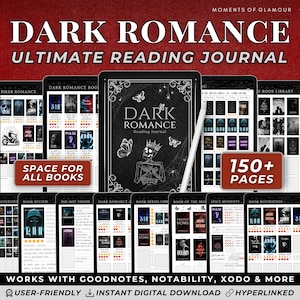 May include: A digital planner for tracking dark romance books. The cover features a black and white illustration of a skeleton with a crown and butterflies. The planner includes pages for book reviews, series tracking, and more. It is compatible with Goodnotes, Notability, Xodo, and other note-taking apps.
