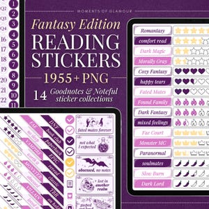 Könnte beinhalten: Ein digitales Sticker-Set mit dem Titel Fantasy Edition Reading Stickers 1955+ PNG, das 14 Goodnotes- und Noteful-Sammlungen enthält. Die violetten Grafiken zeigen Bewertungsskalen mit Sternen, Herzen, Flammen, Kronen und Chilischoten für Buchrezensionen.