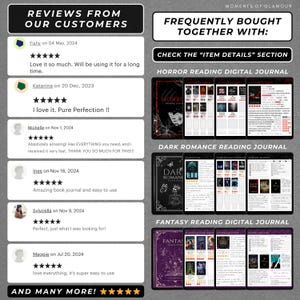 Puede incluir: Una pantalla de producto digital con rese&ntilde;as de clientes y tres diarios de lectura: Horror, Dark Romance y Fantasy. El texto incluye 'REVIEWS FROM OUR CUSTOMERS', 'FREQUENTLY BOUGHT TOGETHER WITH' y 'CHECK THE ITEM DETAILS SECTION'.