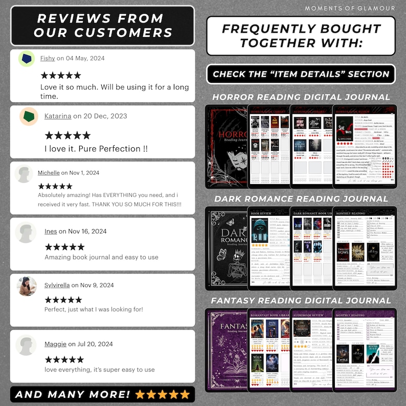 Puede incluir: Una pantalla de producto digital con rese&ntilde;as de clientes y tres diarios de lectura: Horror, Dark Romance y Fantasy. El texto incluye 'REVIEWS FROM OUR CUSTOMERS', 'FREQUENTLY BOUGHT TOGETHER WITH' y 'CHECK THE ITEM DETAILS SECTION'.