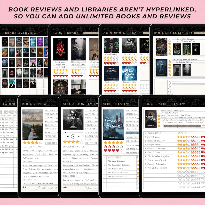 May include: A printable planner for tracking books read, including a library overview, book library, audiobook library, and book series library. The planner features a black and white design with gold accents and includes space for book titles, authors, genres, series, tropes, format, start and finish dates, reading progress, and ratings.