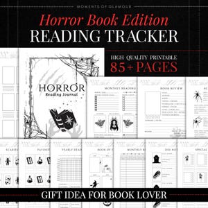 May include: A printable horror book edition reading tracker with 85+ pages. The journal features black and white graphics including spiderwebs, spiders, skulls, and tombstones. Pages include sections for book reviews, monthly reading, and yearly goals.