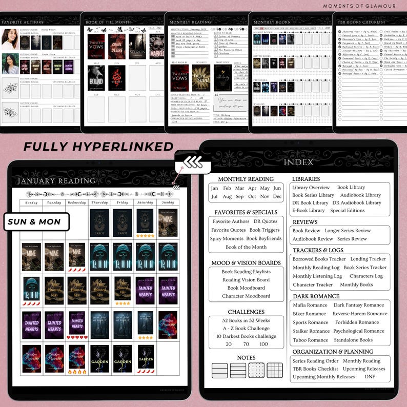 May include: A printable digital planner for book lovers with a black and white design. The planner includes sections for monthly reading, favorites, mood boards, challenges, notes, libraries, reviews, trackers, and organization. The planner is fully hyperlinked.