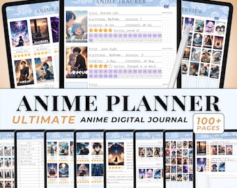 Puede incluir: Un planificador digital para los fanáticos del anime. El planificador tiene una portada azul y blanca con el texto "Anime Planner Ultimate Anime Digital Journal 100+ Pages". El planificador está diseñado para ser utilizado con Goodnotes, Notability, Xodo y otras aplicaciones para tomar notas. El planificador incluye secciones para rastrear el anime visto, las reseñas de películas, los personajes de anime y más.