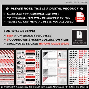 以下が含まれることがあります： PNGファイル、Goodnotesステッカーコレクション、インポートガイドを備えたデジタル製品。画像は、黒い背景に白いテキストで、「注意：これはデジタル製品です」や読書ジャーナルのステッカーの例などが含まれています。