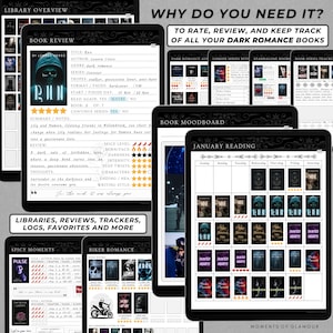 May include: A digital planner with a black and white design for tracking dark romance books. The planner includes sections for book reviews, mood boards, and reading logs. The planner has the text "Why do you need it? To rate, review, and keep track of all your dark romance books."