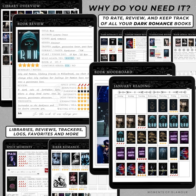 May include: A digital planner with a black and white design for tracking dark romance books. The planner includes sections for book reviews, mood boards, and reading logs. The planner has the text "Why do you need it? To rate, review, and keep track of all your dark romance books."