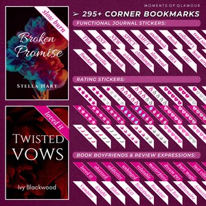 May include: A pink and purple graphic with the text "Moments of Glamour" and "295+ Corner Bookmarks". The graphic features a variety of stickers for book lovers, including rating stickers, book boyfriend stickers, and functional journal stickers. The stickers are designed in a pink and white color scheme.