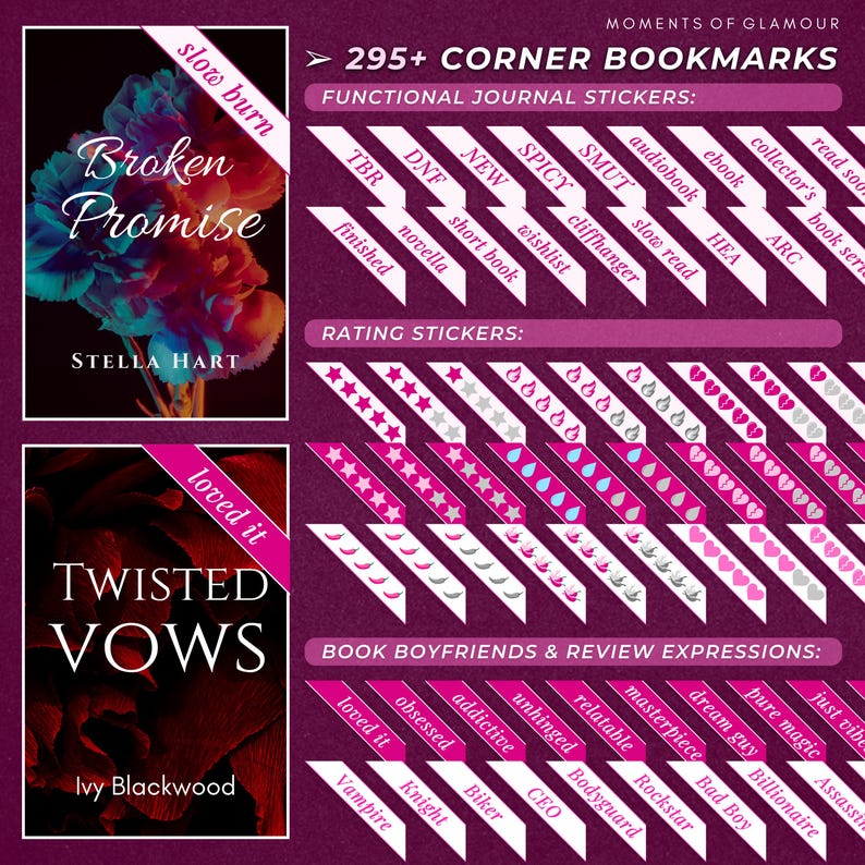 May include: A pink and purple graphic with the text "Moments of Glamour" and "295+ Corner Bookmarks". The graphic features a variety of stickers for book lovers, including rating stickers, book boyfriend stickers, and functional journal stickers. The stickers are designed in a pink and white color scheme.