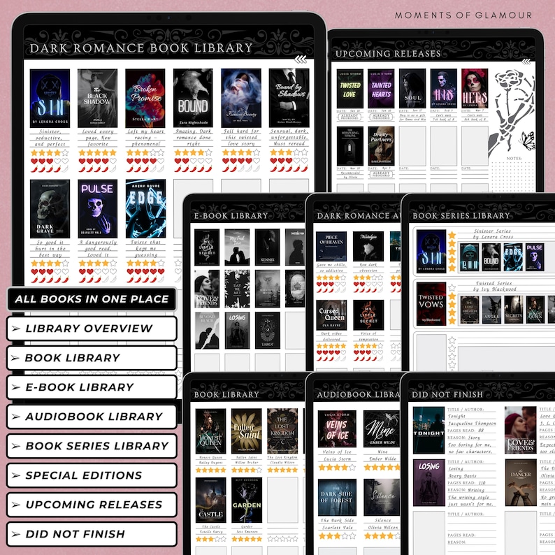 May include: A digital planner for tracking dark romance books read, with sections for library overview, book library, e-book library, audiobook library, book series library, special editions, upcoming releases, and did not finish. The planner features a black and white color scheme with red accents.