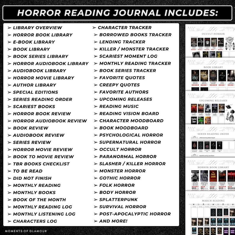 Puede incluir: Un diario de lectura de terror digital que presenta una lista completa de secciones de seguimiento, incluyendo res&uacute;menes de biblioteca, rastreadores de personajes, rese&ntilde;as de libros y registros por g&eacute;nero como ocultismo, slasher y horror corporal.