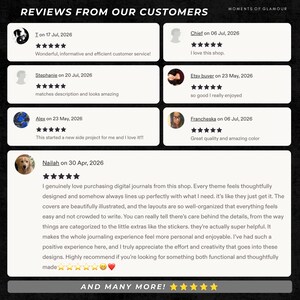 Puede incluir: Un gr&aacute;fico digital que muestra las opiniones de los clientes de Moments of Glamour. El dise&ntilde;o presenta siete entradas de comentarios individuales con valoraciones de cinco estrellas, nombres de usuario, fechas y una banda final And Many More.