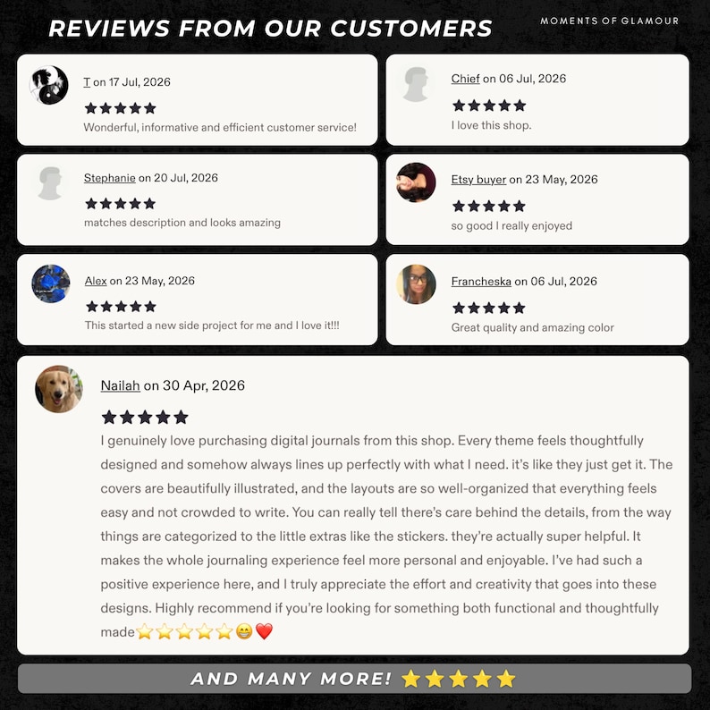 Puede incluir: Un gr&aacute;fico digital que muestra las opiniones de los clientes de Moments of Glamour. El dise&ntilde;o presenta siete entradas de comentarios individuales con valoraciones de cinco estrellas, nombres de usuario, fechas y una banda final And Many More.