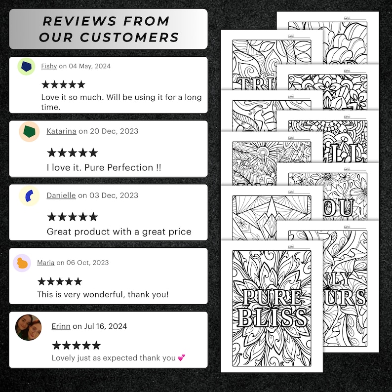 Pu&ograve; includere: Una raccolta di pagine da colorare in bianco e nero con intricati motivi floreali e geometrici con testo che include PURE BLISS, accanto a una sezione intitolata REVIEWS FROM OUR CUSTOMERS che mostra valutazioni a cinque stelle.