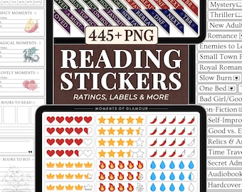 Puede incluir: Una colección digital de más de 445 pegatinas de lectura en formato PNG con iconos de valoración como corazones, estrellas, chiles, coronas y gotas de agua, junto a etiquetas de géneros literarios y seguimiento.