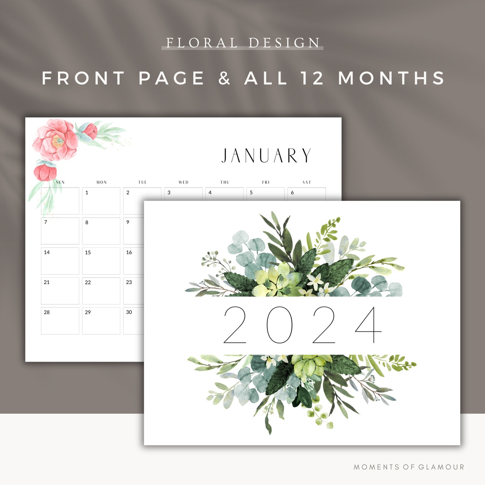 2024 Monthly Calendar Floral Desk Calendar Printable Calendar Planner